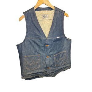 Vintage Wrangler Sherpa Lined Denim Vest Button Closure Dual Front Pockets